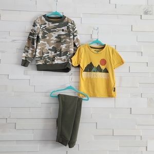 BUFFALO DAVID BITTON 3 PIECE BOYS SET. SIZE 3T ARMY PRINT. GREEN AND YELLOW